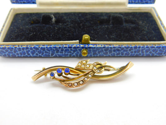 9ct Yellow Gold, Sapphire & Seed Pearl Sweetheart Brooch Antique c1910 Edwardian