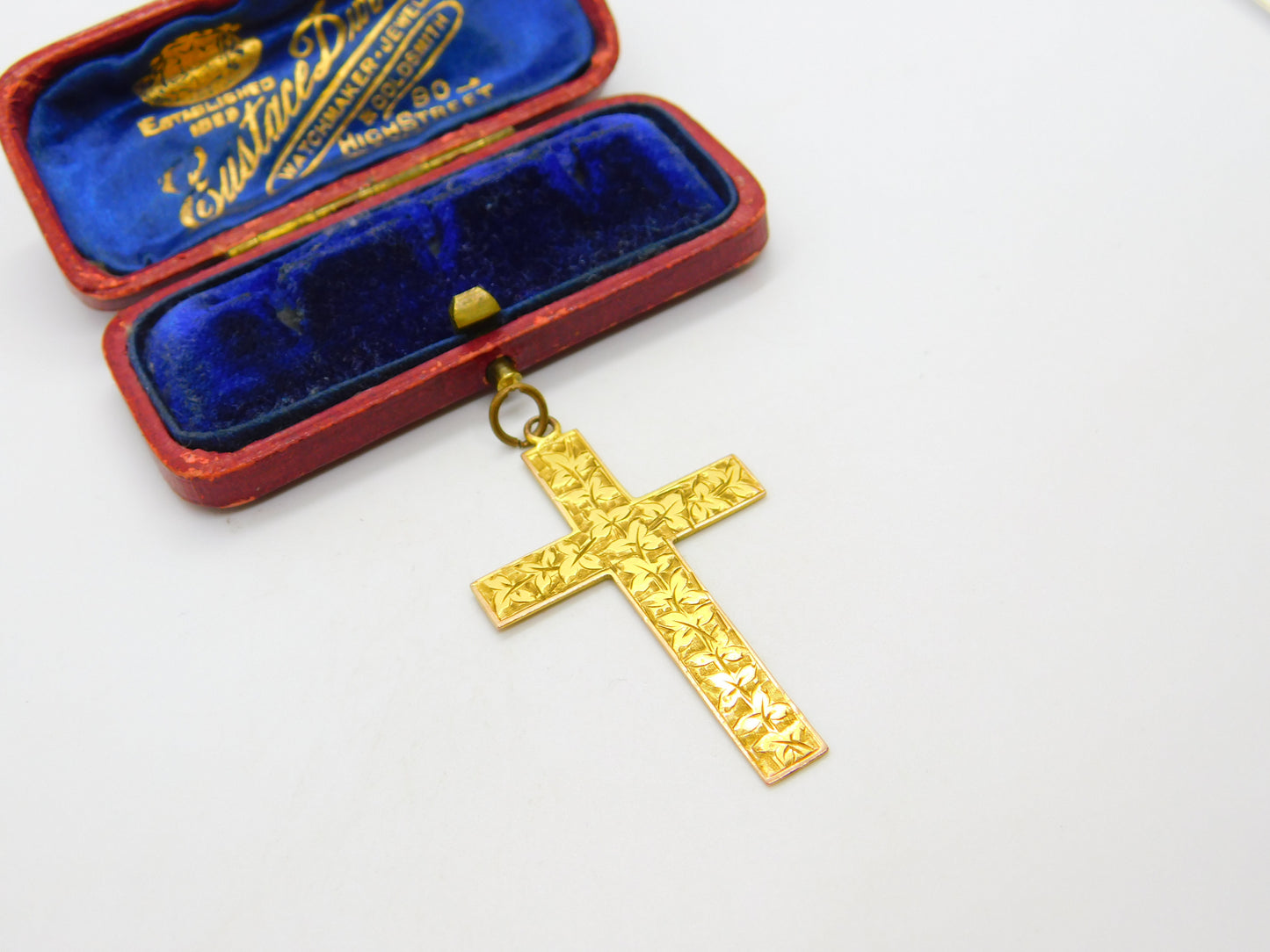 Edwardian Large 9ct Yellow Gold Ivy Leaf Pattern Cross Pendant 1910 Birmingham