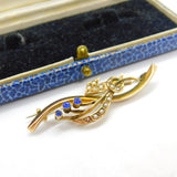 9ct Yellow Gold, Sapphire & Seed Pearl Sweetheart Brooch Antique c1910 Edwardian