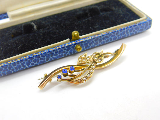 9ct Yellow Gold, Sapphire & Seed Pearl Sweetheart Brooch Antique c1910 Edwardian