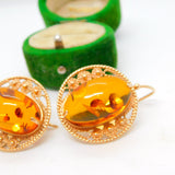14ct Yellow Gold & Cabochon Baltic Amber Large Drop Earrings Vintage c1980
