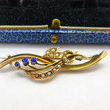 9ct Yellow Gold, Sapphire & Seed Pearl Sweetheart Brooch Antique c1910 Edwardian