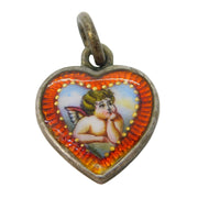19th Century Austro-Hungarian Sterling Silver & Enamel Cherub Heart Charm c1880