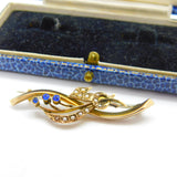 9ct Yellow Gold, Sapphire & Seed Pearl Sweetheart Brooch Antique c1910 Edwardian