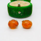 Pair of 9ct Yellow Gold & Cabochon Baltic Amber Stud Earrings Vintage c1970