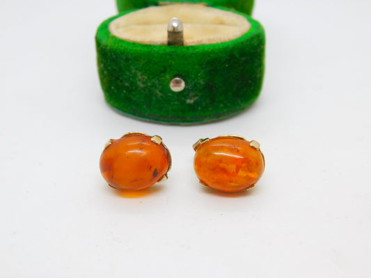 Pair of 9ct Yellow Gold & Cabochon Baltic Amber Stud Earrings Vintage c1970