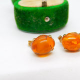 Pair of 9ct Yellow Gold & Cabochon Baltic Amber Stud Earrings Vintage c1970