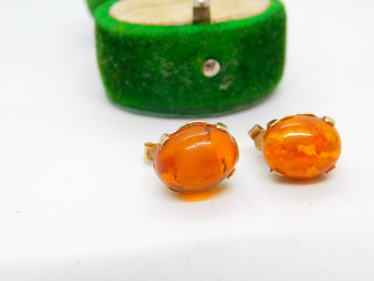 Pair of 9ct Yellow Gold & Cabochon Baltic Amber Stud Earrings Vintage c1970