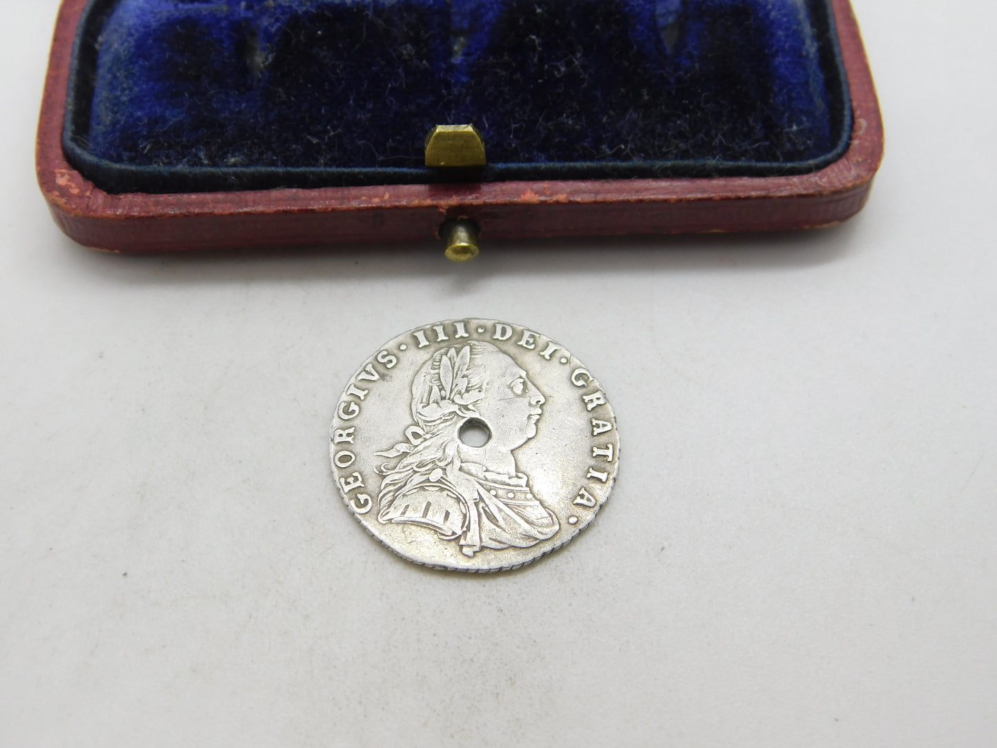 King George III Sterling Silver 1787 Shilling Coin Very Fine Condition Drilled