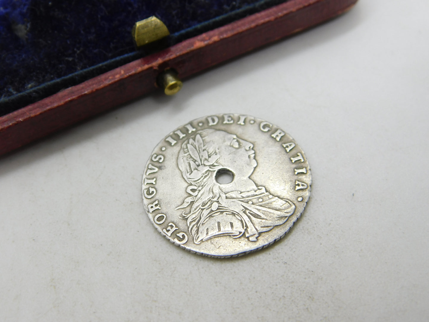 King George III Sterling Silver 1787 Shilling Coin Very Fine Condition Drilled