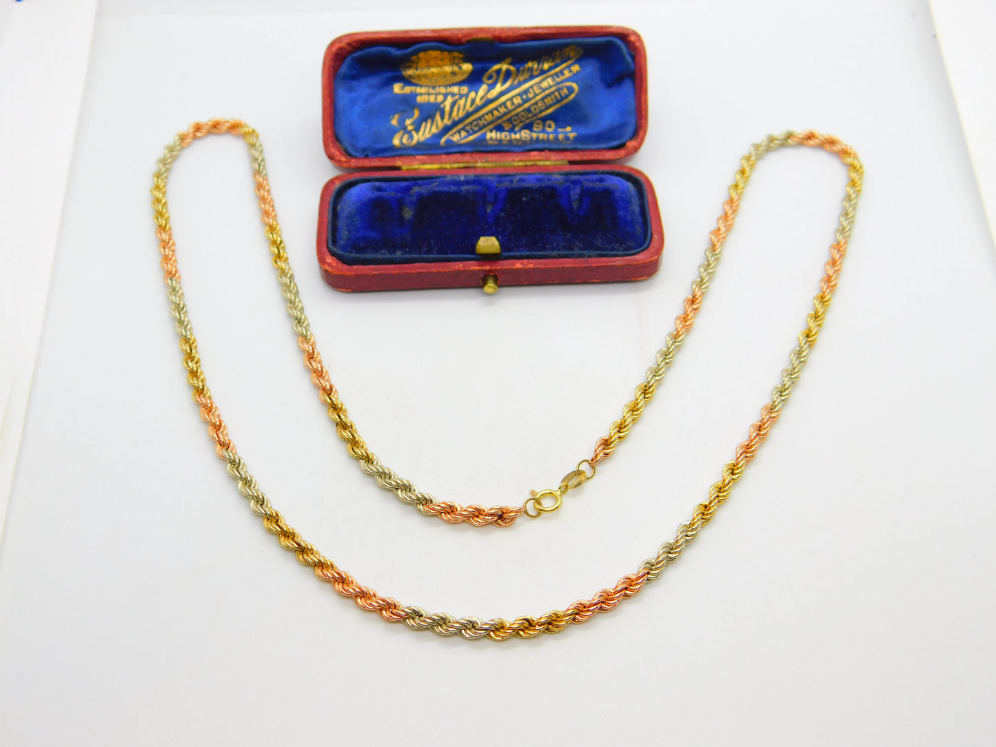 9ct Tri-Colour Gold Yellow, Rose, White Rope Chain Necklace 1995 London 22"