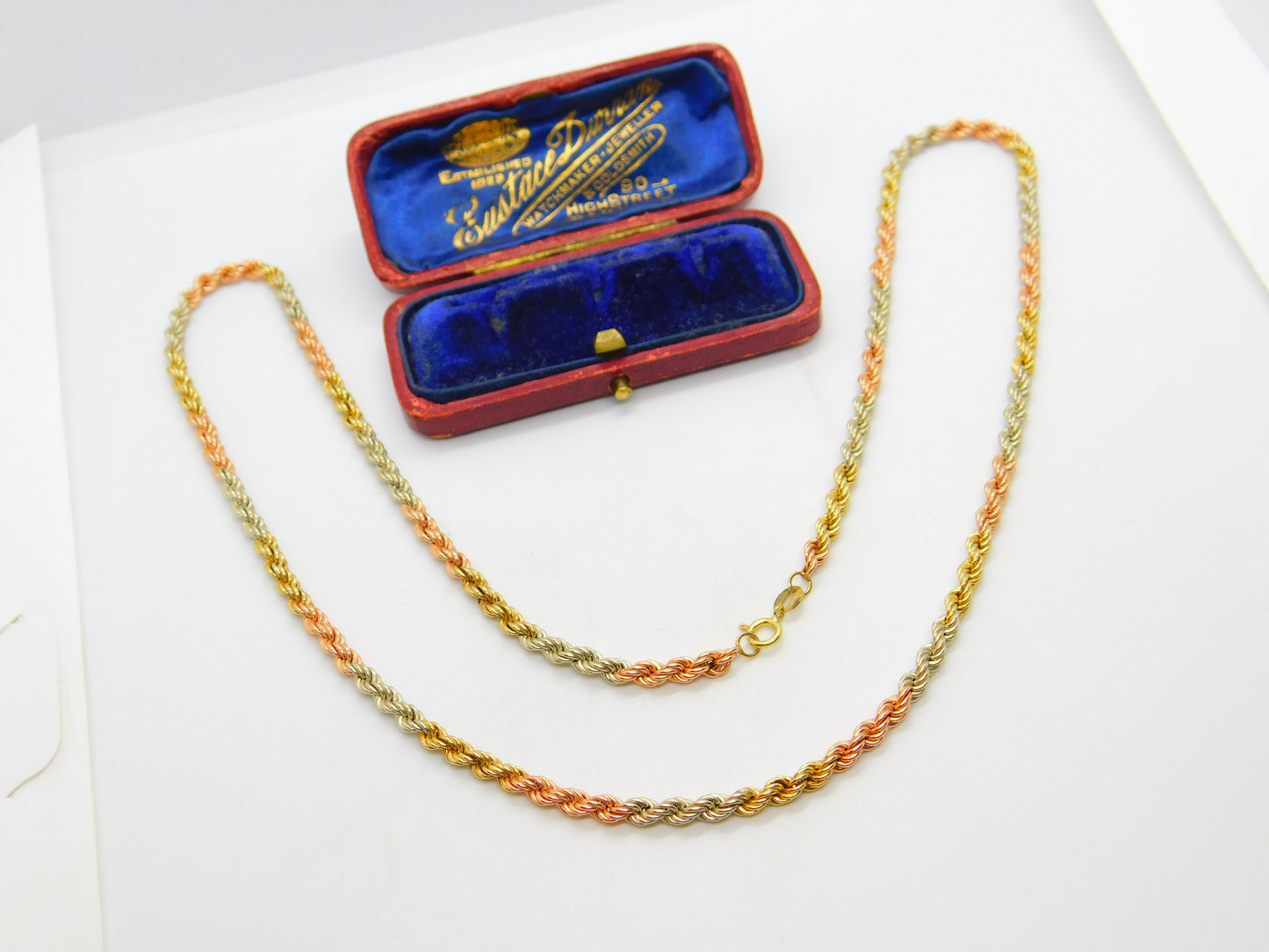 9ct Tri-Colour Gold Yellow, Rose, White Rope Chain Necklace 1995 London 22"