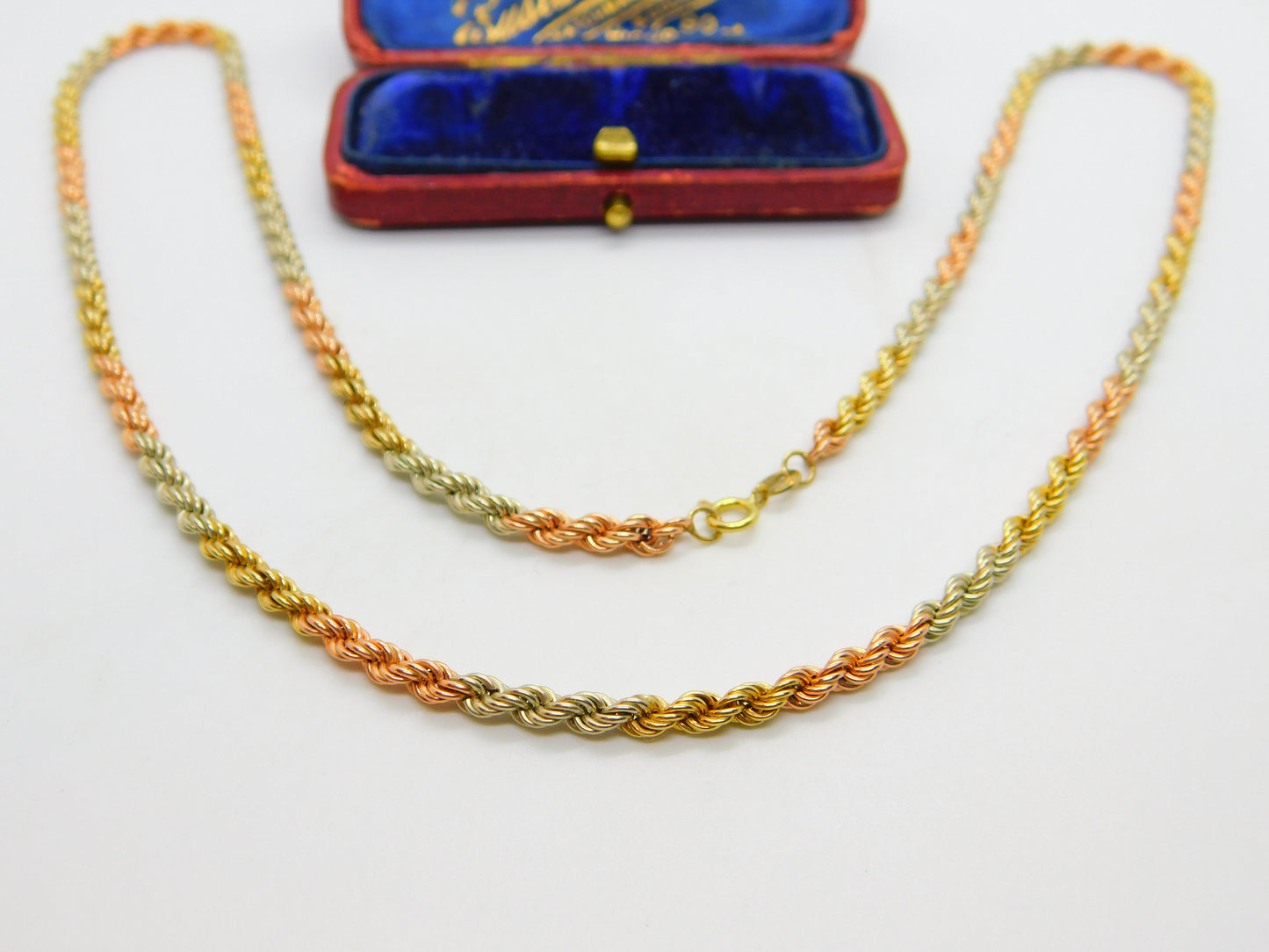 9ct Tri-Colour Gold Yellow, Rose, White Rope Chain Necklace 1995 London 22"