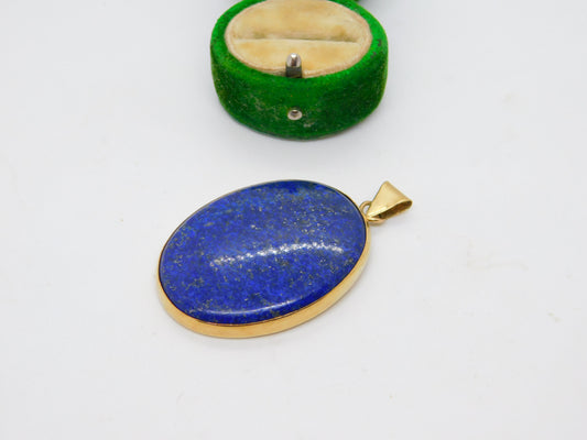 Large 9ct Yellow Gold Mounted Lapis Lazuli Drop Pendant Vintage 1976 London