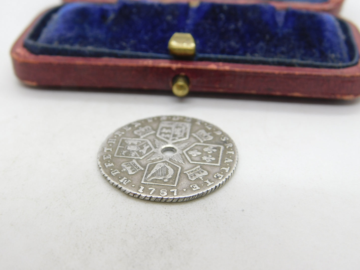 King George III Sterling Silver 1787 Shilling Coin Very Fine Condition Drilled