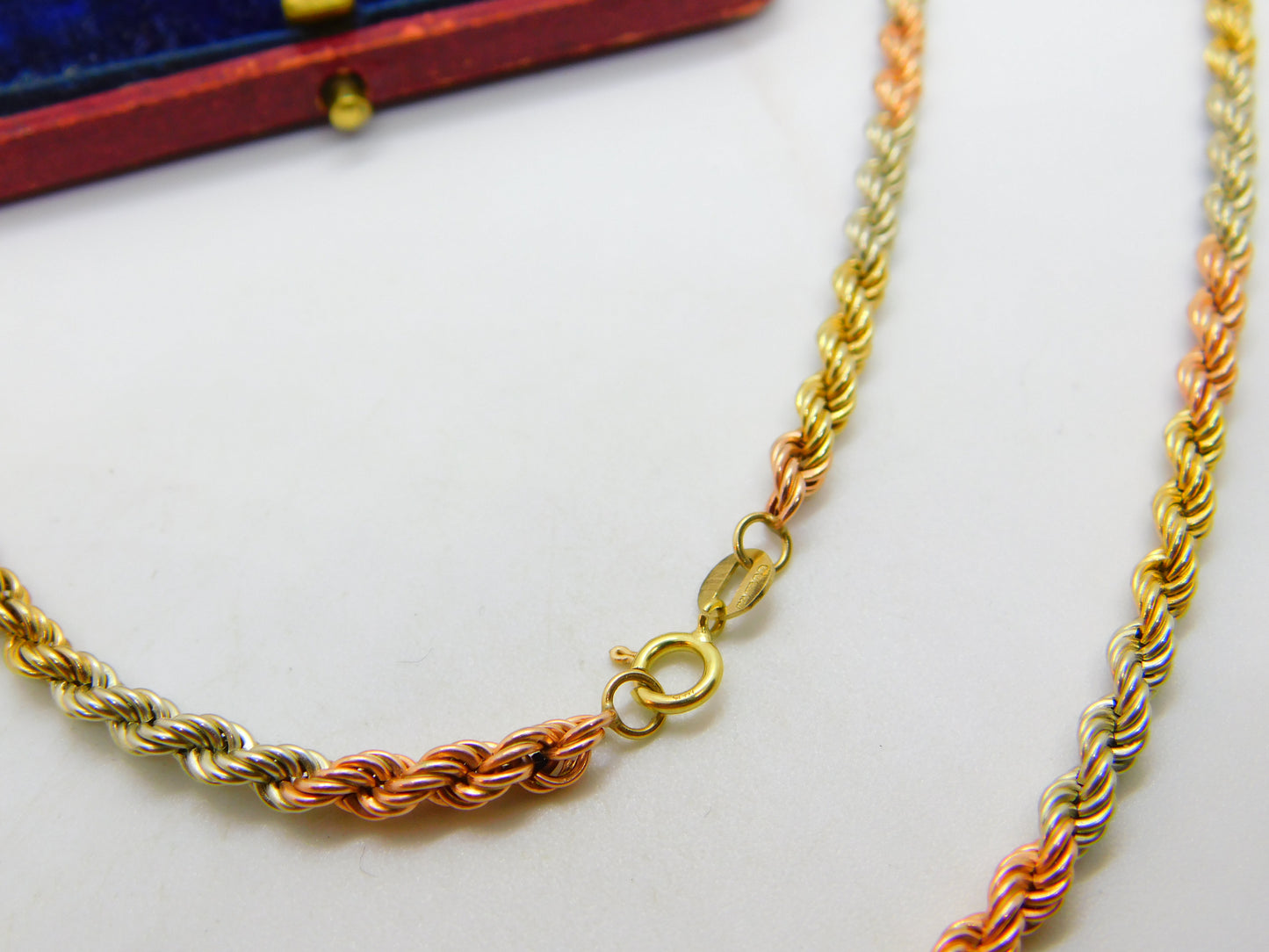 9ct Tri-Colour Gold Yellow, Rose, White Rope Chain Necklace 1995 London 22"