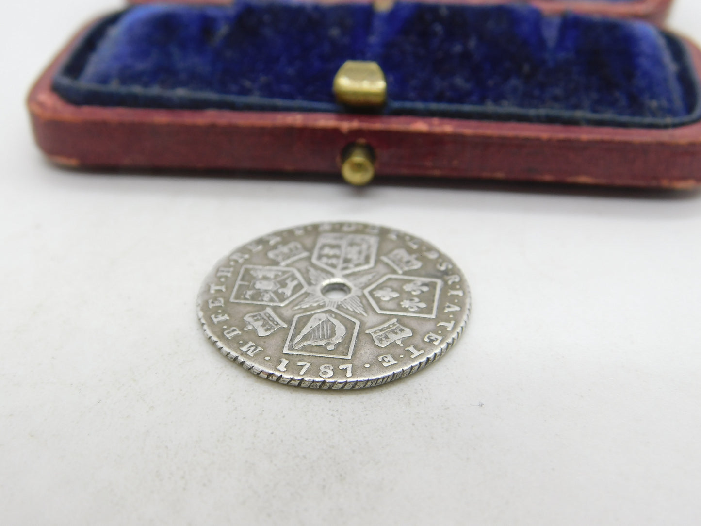 King George III Sterling Silver 1787 Shilling Coin Very Fine Condition Drilled