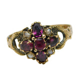 Victorian Sterling Silver, Almandine Garnet, Seed Pearl Floral Ring Antique 1864 Birmingham