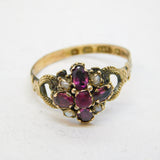 Victorian Sterling Silver, Almandine Garnet, Seed Pearl Floral Ring Antique 1864 Birmingham