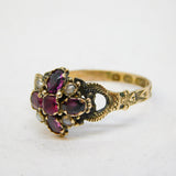 Victorian Sterling Silver, Almandine Garnet, Seed Pearl Floral Ring Antique 1864 Birmingham