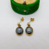 9ct Yellow Gold & Cabochon Haematite Drop Stud Earrings Vintage 1989 London