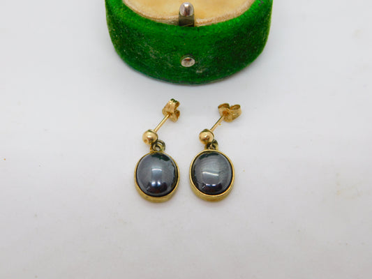 9ct Yellow Gold & Cabochon Haematite Drop Stud Earrings Vintage 1989 London