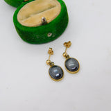 9ct Yellow Gold & Cabochon Haematite Drop Stud Earrings Vintage 1989 London