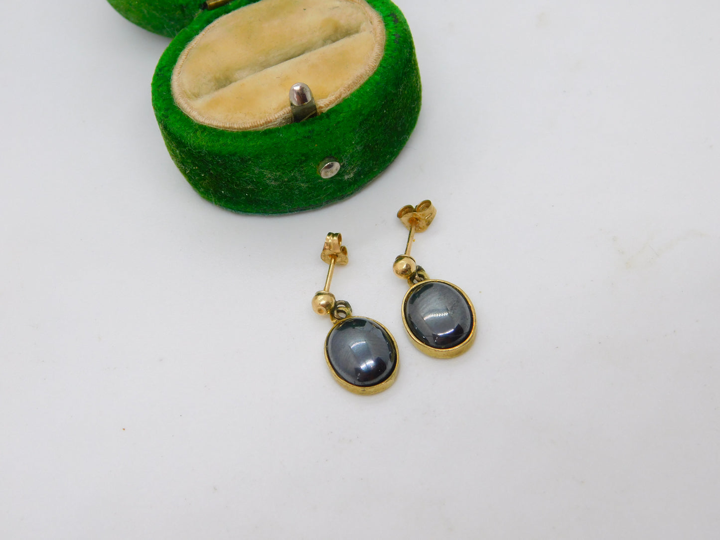 9ct Yellow Gold & Cabochon Haematite Drop Stud Earrings Vintage 1989 London