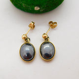 9ct Yellow Gold & Cabochon Haematite Drop Stud Earrings Vintage 1989 London