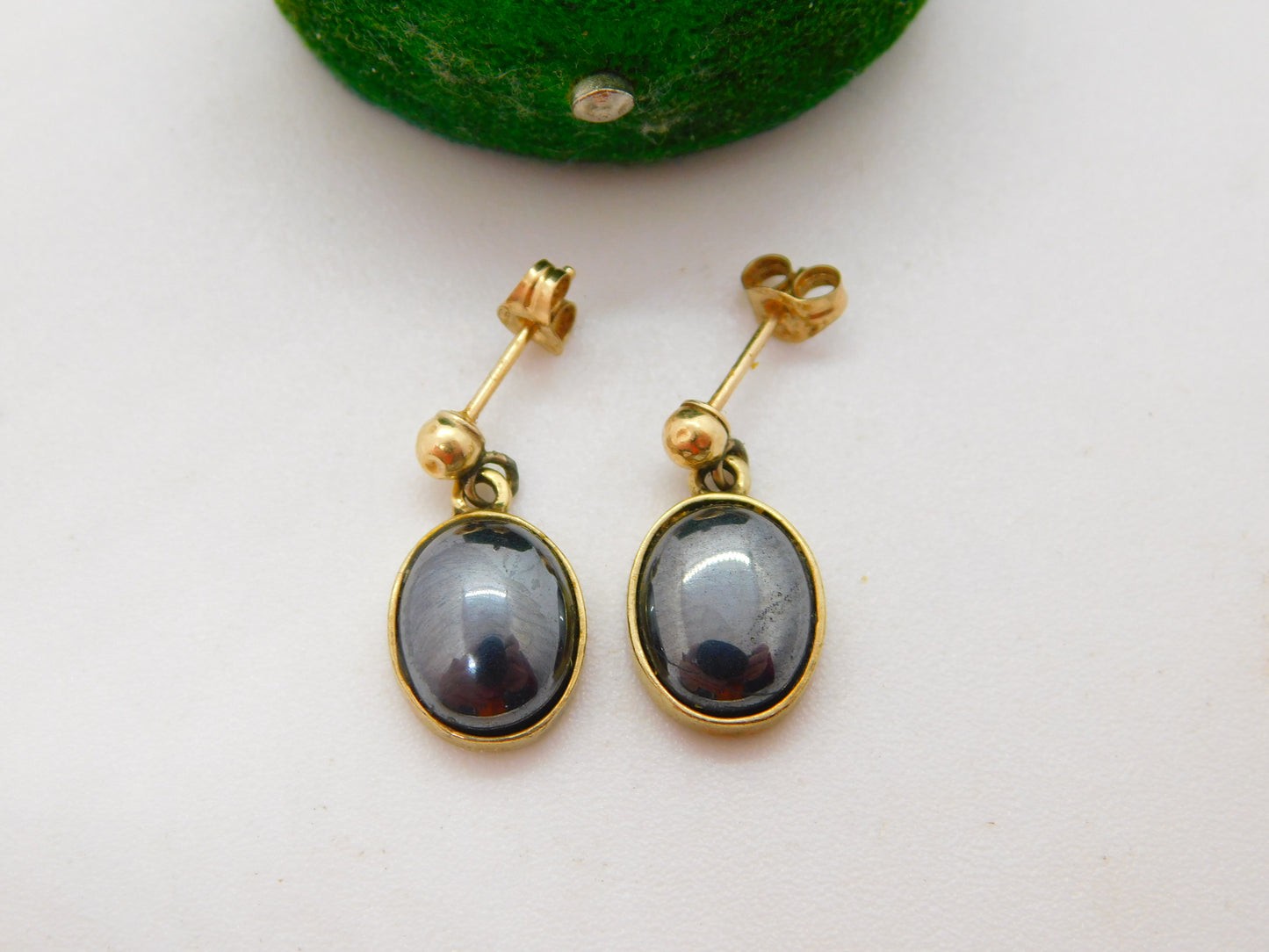 9ct Yellow Gold & Cabochon Haematite Drop Stud Earrings Vintage 1989 London