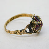 Victorian Sterling Silver, Almandine Garnet, Seed Pearl Floral Ring Antique 1864 Birmingham