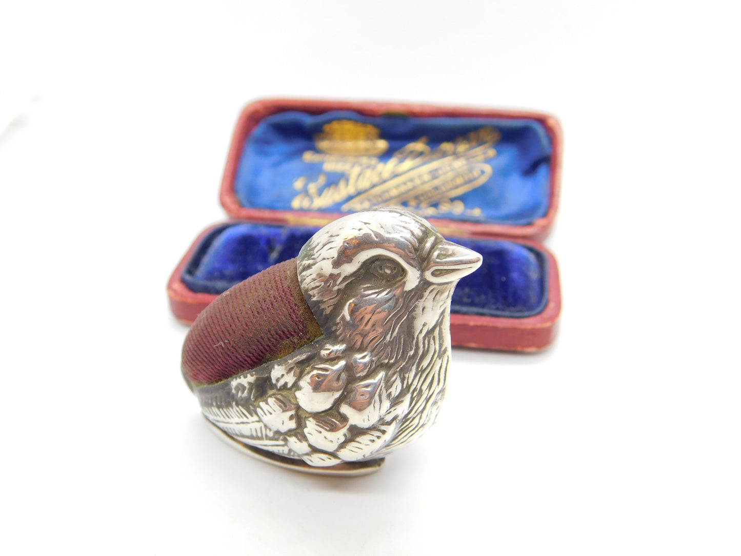 Edwardian Sterling Silver Red Pin Cushion in Chick or Bird Form c1910 Antique