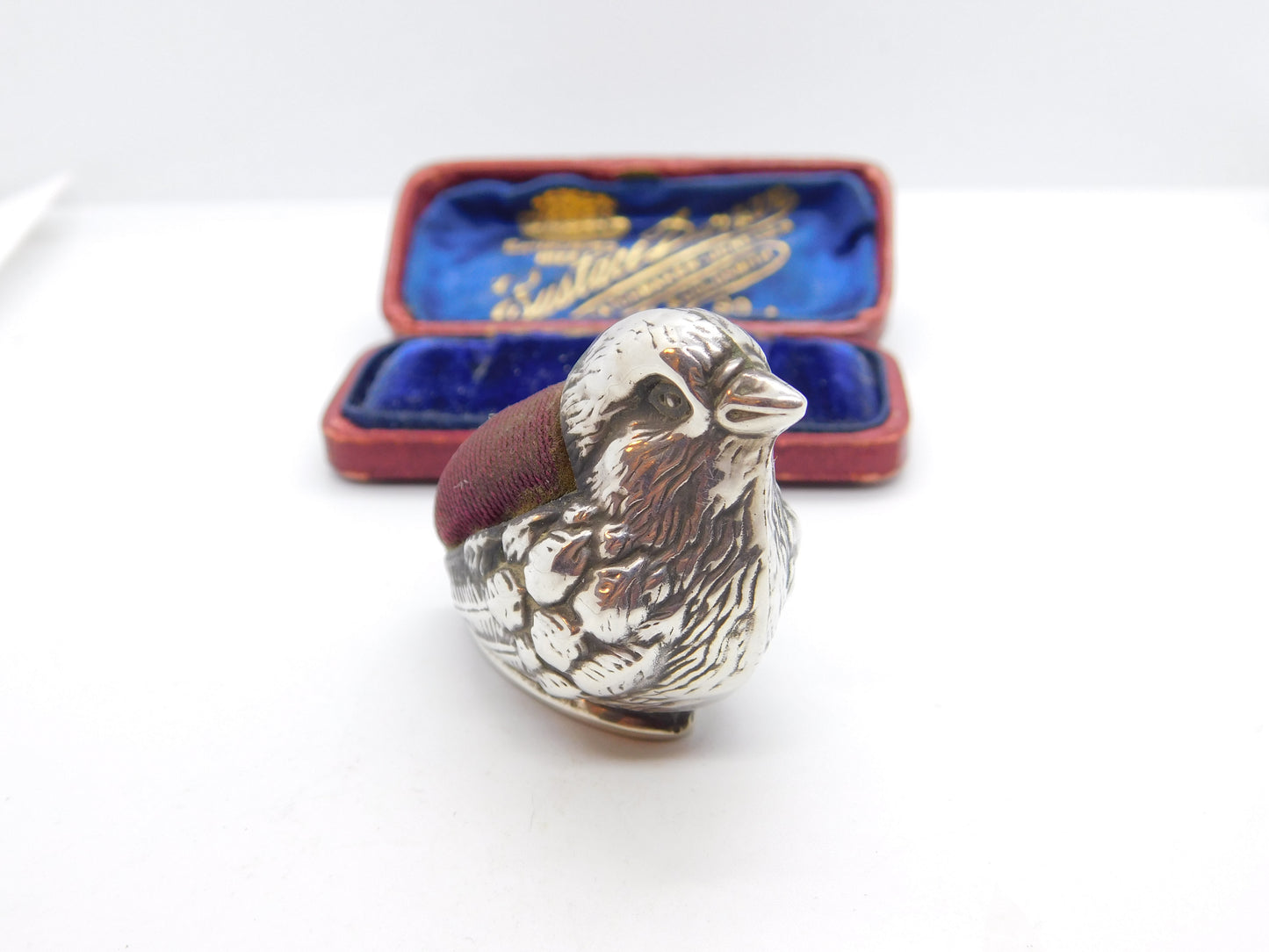 Edwardian Sterling Silver Red Pin Cushion in Chick or Bird Form c1910 Antique