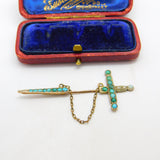 Victorian 9ct Rose Gold, Turquoise & Seed Pearl Sword Form Lapel Brooch c1840