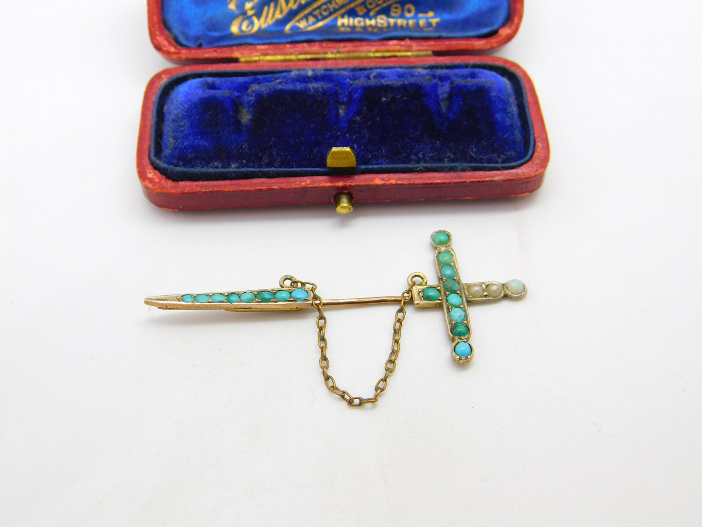 Victorian 9ct Rose Gold, Turquoise & Seed Pearl Sword Form Lapel Brooch c1840