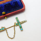 Victorian 9ct Rose Gold, Turquoise & Seed Pearl Sword Form Lapel Brooch c1840