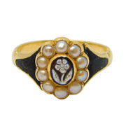 Victorian 15ct Gold, Black Enamel, Pearl, Hardstone Mourning Ring Antique c1850