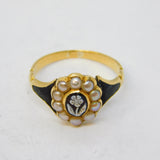 Victorian 15ct Gold, Black Enamel, Pearl, Hardstone Mourning Ring Antique c1850