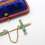 Victorian 9ct Rose Gold, Turquoise & Seed Pearl Sword Form Lapel Brooch c1840
