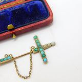 Victorian 9ct Rose Gold, Turquoise & Seed Pearl Sword Form Lapel Brooch c1840