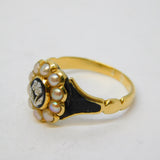 Victorian 15ct Gold, Black Enamel, Pearl, Hardstone Mourning Ring Antique c1850