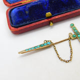 Victorian 9ct Rose Gold, Turquoise & Seed Pearl Sword Form Lapel Brooch c1840