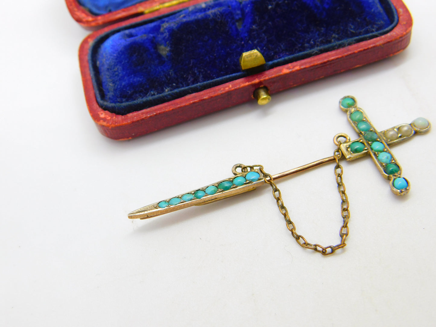 Victorian 9ct Rose Gold, Turquoise & Seed Pearl Sword Form Lapel Brooch c1840