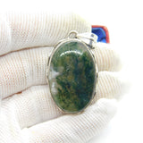Large Sterling Silver & Moss Agate Drop Pendant Vintage c1970