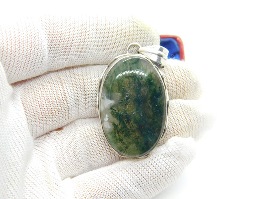 Large Sterling Silver & Moss Agate Drop Pendant Vintage c1970