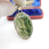 Large Sterling Silver & Moss Agate Drop Pendant Vintage c1970