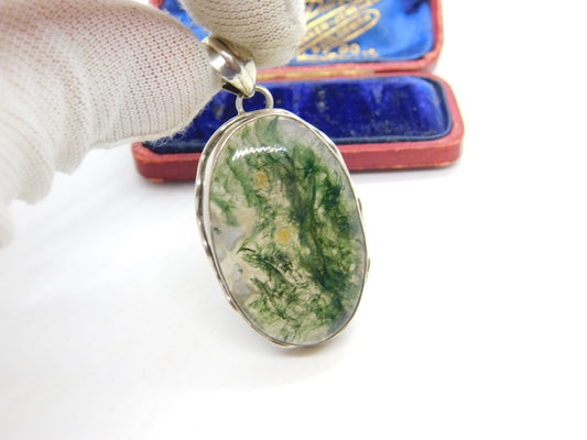 Large Sterling Silver & Moss Agate Drop Pendant Vintage c1970