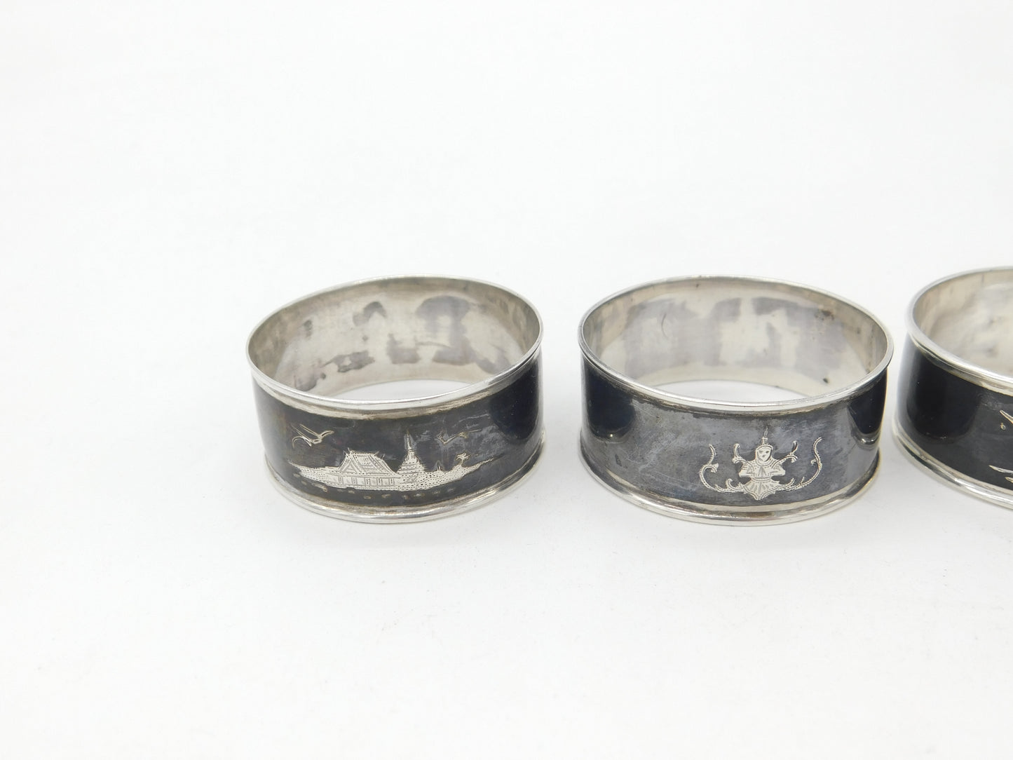 Set of Four Siam Sterling Silver Niello Enamel Napkin Ring Antique c1920