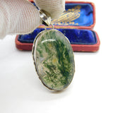 Large Sterling Silver & Moss Agate Drop Pendant Vintage c1970