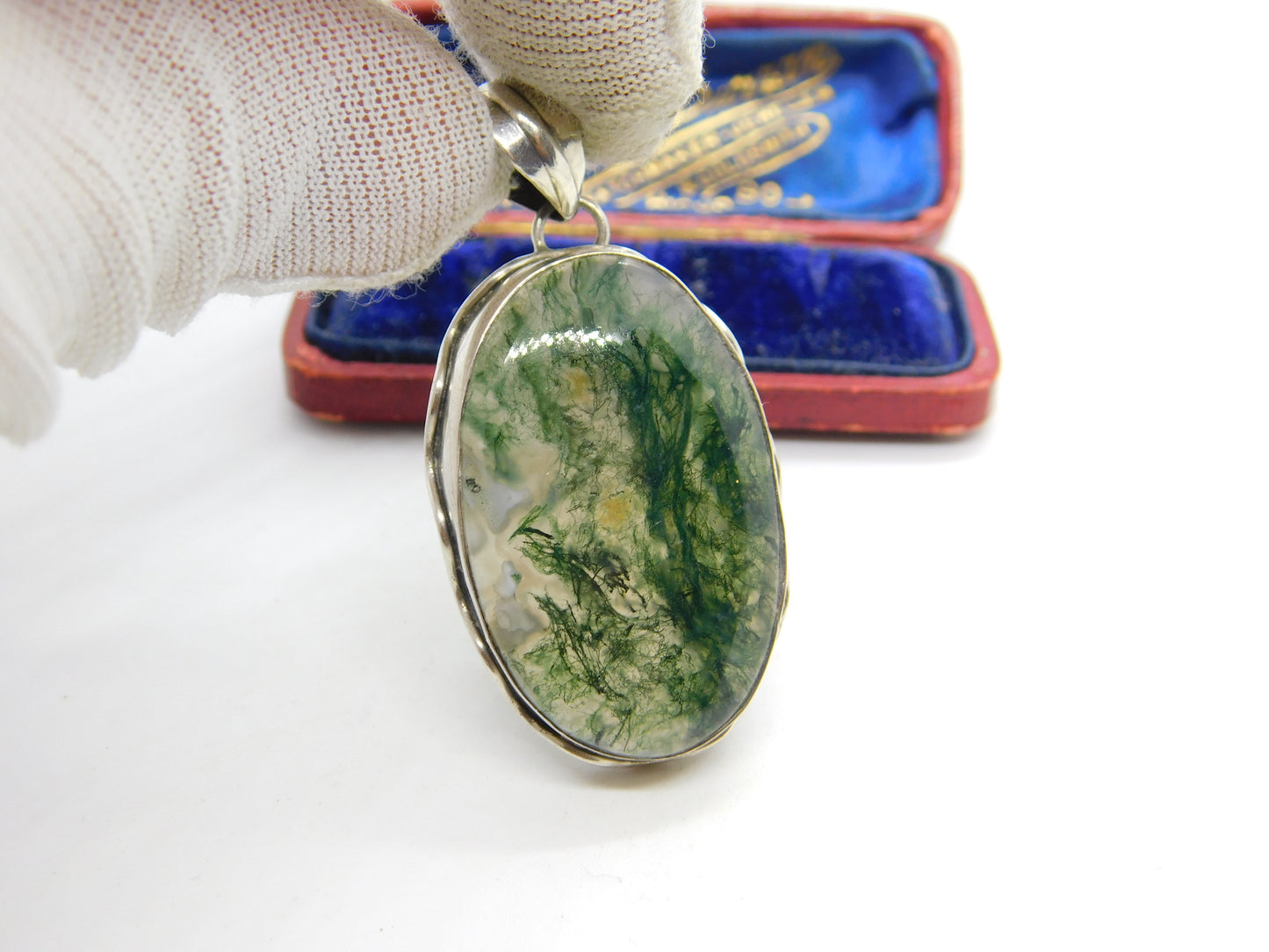 Large Sterling Silver & Moss Agate Drop Pendant Vintage c1970